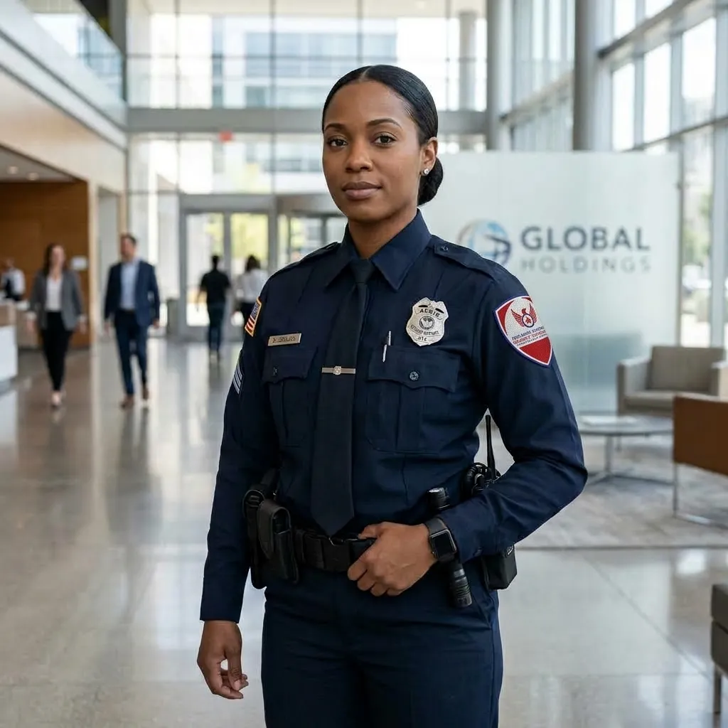 Female security officer in professional uniform representing Advanced Nationwide Security with official shoulder patch